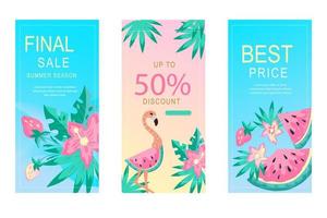 zomer uitverkoop verhaal posters reeks voor sociaal media met bloemen, flamingo en aardbei. tropisch zomer ontwerp voor seizoensgebonden uitverkoop achtergrond voor media blog of internet winkel, vlak vector illustratie.