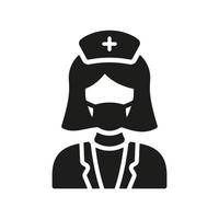 vrouw tandarts in gezicht masker silhouet icoon. tandheelkundig dokter vrouw glyph pictogram. kinderarts symbool. arts, tandheelkundig chirurg, orthodontist teken. kliniek personeel. geïsoleerd vector illustratie.