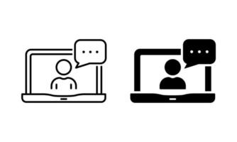 video conferentie Aan laptop silhouet en lijn icoon set. online web bedrijf babbelen Aan computer pictogram. virtueel communicatie ontmoeting. werk van huis. bewerkbare hartinfarct. geïsoleerd vector illustratie.