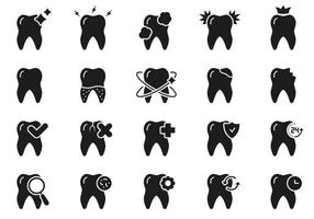 tand zorg silhouet icoon set. tandheelkundig behandeling. tandheelkunde solide symbool. kiespijn, cariës, bleken, schoonmaak tanden glyph pictogram. mondeling hygiëne. geïsoleerd vector illustratie.