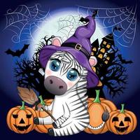 schattig zebra in heks hoed, met bezem, pompoen krik, magie toverdrank. poster, kaart, etiket en decoratie voor halloween vector