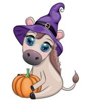 schattig ezel in Purper heks hoed, met bezem, pompoen, toverdrank. halloween kaart voor de vakantie. vector