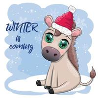 schattig ezel in de kerstman hoed met ballon, geschenk, snoep kane, ijs het schaatsen en winter sport. ansichtkaart voor Kerstmis vector