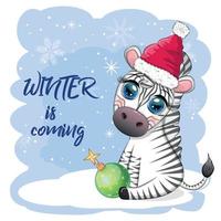 groet kaart met schattig zebra in de kerstman hoed met Kerstmis bal, snoep kane, geschenk. dieren in het wild vakantie tekenfilm karakter. vector