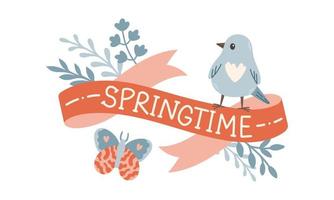 voorjaar etiket met seizoen citaten, vogel, lintje. hand- getrokken voorjaar vector illustratie.