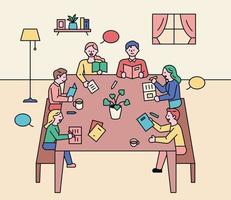 lezing discussiebijeenkomst. mensen zitten rond een tafel en hebben een discussie. vector