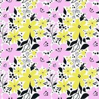 vector abstract botanisch naadloos patroon. ornament met Purper, geel bloemen en zwart bladeren Aan een wit achtergrond.