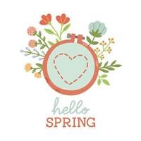 Hallo voorjaar hand- getrokken vector illustratie. belettering voorjaar seizoen met borduurwerk bladeren bloemen voor groet kaart.