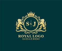 eerste sj brief leeuw Koninklijk luxe logo sjabloon in vector kunst voor restaurant, royalty, boetiek, cafe, hotel, heraldisch, sieraden, mode en andere vector illustratie.