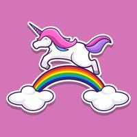 eenhoorn springt op een regenboogsticker. vector illustratie ontwerp.