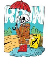 vector illustratie van een skelet Holding paraplu en vervelend een regen jas Aan een regenen dag. geschikt voor t-shirt ontwerp, boek omslag, sticker, poster, enz