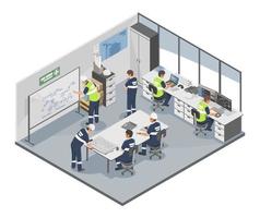 technicus en ingenieur vergadering en werken werkwijze kamer onderhoud schaven in conferentie kamer industrieel arbeider concept illustratie isometrische geïsoleerd vector