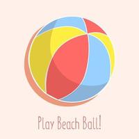 zomer strand bal, gestreept bolvormig speelgoed- Aan de strand zand met Speel strand bal zin. vakantie logo, ansichtkaart, kaart, zomer vector illustratie.