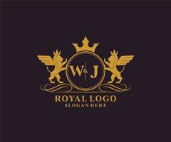 eerste wj brief leeuw Koninklijk luxe heraldisch, wapen logo sjabloon in vector kunst voor restaurant, royalty, boetiek, cafe, hotel, heraldisch, sieraden, mode en andere vector illustratie.