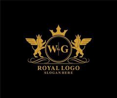 eerste wg brief leeuw Koninklijk luxe heraldisch, wapen logo sjabloon in vector kunst voor restaurant, royalty, boetiek, cafe, hotel, heraldisch, sieraden, mode en andere vector illustratie.