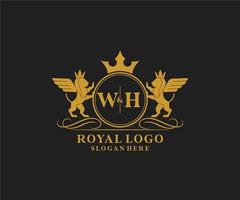 eerste wie? brief leeuw Koninklijk luxe heraldisch, wapen logo sjabloon in vector kunst voor restaurant, royalty, boetiek, cafe, hotel, heraldisch, sieraden, mode en andere vector illustratie.