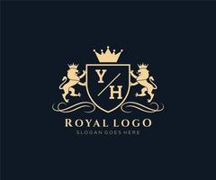 eerste ja brief leeuw Koninklijk luxe heraldisch, wapen logo sjabloon in vector kunst voor restaurant, royalty, boetiek, cafe, hotel, heraldisch, sieraden, mode en andere vector illustratie.