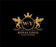 eerste wy brief leeuw Koninklijk luxe heraldisch, wapen logo sjabloon in vector kunst voor restaurant, royalty, boetiek, cafe, hotel, heraldisch, sieraden, mode en andere vector illustratie.