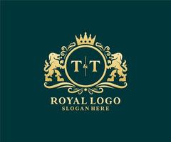 eerste tt brief leeuw Koninklijk luxe logo sjabloon in vector kunst voor restaurant, royalty, boetiek, cafe, hotel, heraldisch, sieraden, mode en andere vector illustratie.