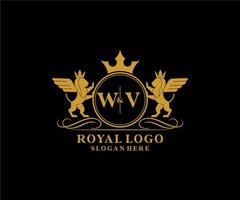 eerste wv brief leeuw Koninklijk luxe heraldisch, wapen logo sjabloon in vector kunst voor restaurant, royalty, boetiek, cafe, hotel, heraldisch, sieraden, mode en andere vector illustratie.