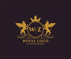 eerste wz brief leeuw Koninklijk luxe heraldisch, wapen logo sjabloon in vector kunst voor restaurant, royalty, boetiek, cafe, hotel, heraldisch, sieraden, mode en andere vector illustratie.