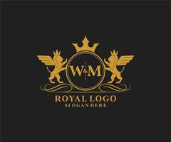 eerste wm brief leeuw Koninklijk luxe heraldisch, wapen logo sjabloon in vector kunst voor restaurant, royalty, boetiek, cafe, hotel, heraldisch, sieraden, mode en andere vector illustratie.