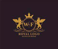 eerste wf brief leeuw Koninklijk luxe heraldisch, wapen logo sjabloon in vector kunst voor restaurant, royalty, boetiek, cafe, hotel, heraldisch, sieraden, mode en andere vector illustratie.