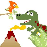 grappig dinosaurussen Aan vulkaan uitbarsting achtergrond, vector tekenfilm illustratie