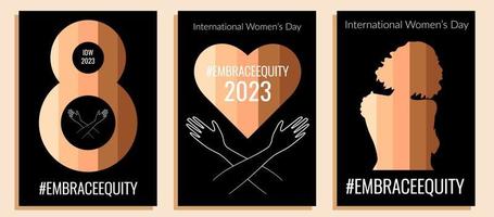 Internationale vrouwen dag concept posters met multicultureel symbolisch. omhelzing eigen vermogen beweging illustratie achtergronden. 2023 vrouwen dag thema - omhelzing eigen vermogen. vector