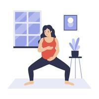 vlak ontwerp van zwanger vrouw beoefenen yoga Bij huis vector