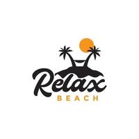 kokosnoot bomen en hangmat vakantie strand zonsondergang kom tot rust wijnoogst logo ontwerp vector icoon
