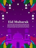 eid mubarak poster ontwerp in modern en kleurrijk stijl versierd met bladeren, moskee vormen, lantaarns en sterren, Islamitisch vector ontwerp