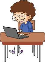 een doodle jongen met behulp van laptop stripfiguur geïsoleerd vector