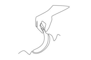doorlopend een lijn tekening Mens Holding banaan Pel in hand. gezondheidszorg Bij huis concept. single lijn trek ontwerp vector grafisch illustratie.