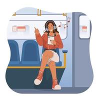 gelukkig jong vrouw met hoofdtelefoons luisteren naar muziek- Aan metro trein vector