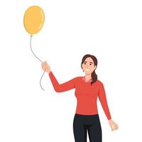 jong vrouw denken over liefde Holding geel ballon . vlak vector illustratie geïsoleerd Aan wit achtergrond