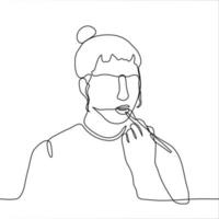 een meisje met een bun van haar- is toepassen een tint naar haar lippen met een bedenken borstel. een doorlopend lijn kunst vrouw schoonheid blogger verven lippen. kan worden gebruikt voor animatie. vector