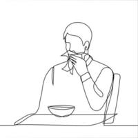 Mens doekjes zijn mond met een zakdoek na aan het eten - een lijn tekening. een Mens zit Bij een tafel over- een ronde diep bord en doekjes zijn gezicht met een keuken servet vector