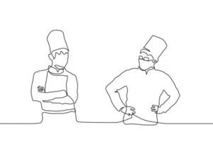 een lijn kunst tekening silhouet van twee mannetje koks in petten staand en op zoek tegenover elk ander. concept van versus, de rivaliteit van verschillend volk keukens, confrontatie van twee meesters vector