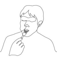 gezicht van een Mens wie eet, zijn wangen zijn vol van voedsel, een vork is geklemd tussen zijn lippen, de vent Gesloten zijn ogen en eet met genoegen. een lijn tekening fijnproever aan het eten vector