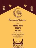 hadj en umrah luxe pakket folder, Ramadan kareem folder sjabloon Islamitisch brochure post Arabisch kalligrafie, groet kaart viering van moslim gemeenschap festival, vertaling de maand van vastend vector