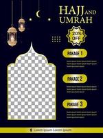 hadj en umrah luxe pakket folder, Ramadan kareem folder sjabloon Islamitisch brochure post Arabisch kalligrafie, groet kaart viering van moslim gemeenschap festival, vertaling de maand van vastend vector