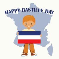 glimlachen kind jongen Holding een Frankrijk vlag geïsoleerd Aan een wit achtergrond. vector tekenfilm mascotte. vakantie illustraties voor de Bastille dag. voorraad vector.