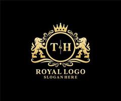 eerste th brief leeuw Koninklijk luxe logo sjabloon in vector kunst voor restaurant, royalty, boetiek, cafe, hotel, heraldisch, sieraden, mode en andere vector illustratie.