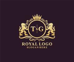 eerste tg brief leeuw Koninklijk luxe logo sjabloon in vector kunst voor restaurant, royalty, boetiek, cafe, hotel, heraldisch, sieraden, mode en andere vector illustratie.