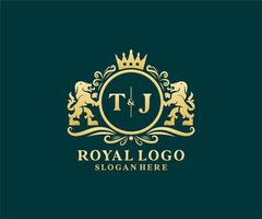 eerste tj brief leeuw Koninklijk luxe logo sjabloon in vector kunst voor restaurant, royalty, boetiek, cafe, hotel, heraldisch, sieraden, mode en andere vector illustratie.
