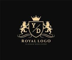 eerste yd brief leeuw Koninklijk luxe heraldisch, wapen logo sjabloon in vector kunst voor restaurant, royalty, boetiek, cafe, hotel, heraldisch, sieraden, mode en andere vector illustratie.