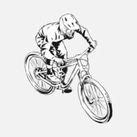 bmx fiets rijder, bergafwaarts, fietser. hand- getrokken vector illustratie, zwart en wit, silhouet. concept van extreem sport, voertuigen, activiteiten, enz. geschikt voor afdrukken, sticker, t -shirt ontwerp