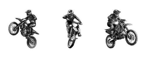 reeks verzameling van motorcross rijder silhouetten. zwart en wit monochroom kleur, concept van sport, extreem, ras, motorfiets. voor sticker, afdrukken, enz. hand- getrokken vector illustratie.