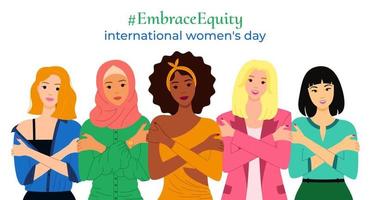 omhelzing eigen vermogen spandoek. Internationale vrouwen dag 2023. multicultureel Dames zijn knuffelen zichzelf. liefde jezelf concept. Super goed voor poster, web, landen bladzijde, sjabloon, sociaal media, mobiel app. vector